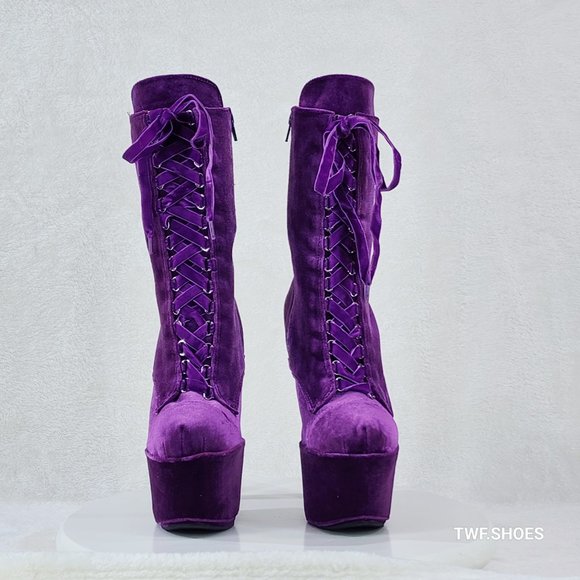 1020 Purple Velvet 7" High Heel Platform Ankle Boots With Boot Protectors - Picture 7 of 8
